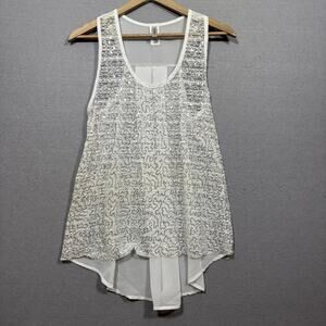Misope Sheer White Silver Sequin Blouse Tank Top Large High Low Artsy Femme